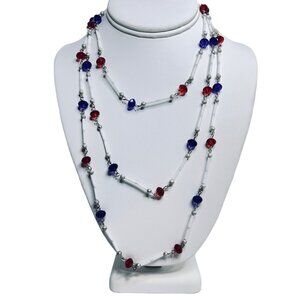 Single Strand Silver Tone, Red, White & Blue Beaded Necklace (5480)